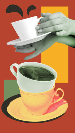 Coffee break. Creative design Woman drinking delicious, freshly made black coffee over colorful background. Posterの写真素材