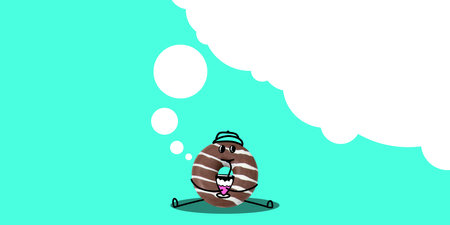 Positive chocolate donut drinking milkshake and dreaming over mint background. Creative colorful design. Posterの写真素材