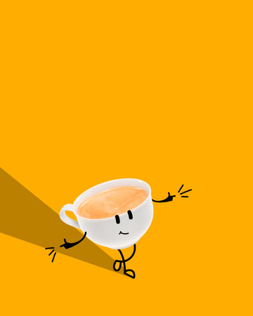 Happy, cheerful coffee cup with doodles over yellow background. Positive energy, good mood. Creative colorful design. Posterの写真素材