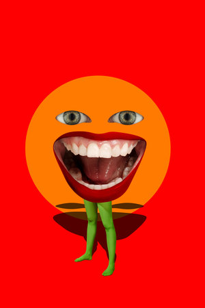 Smiling female mouth on legs in green tights over bright red background. Contemporary art collage.