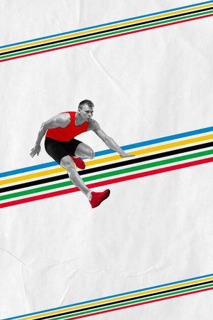 Young concentrated man, runner, athlete in motion, running and jumping over barrier. Contemporary...
