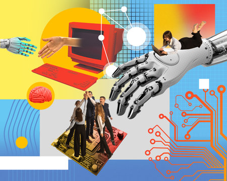 Young people, employees working on creation of network services, software development. Contemporary art collage.の写真素材