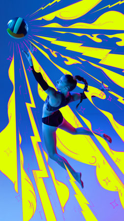 Young athletic girl in motion, volleyball player hitting ball in a jump over abstract background. Contemporary art collage.の写真素材