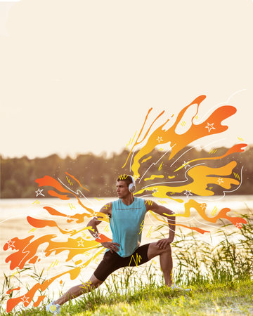 Young muscular man training outdoors, stretching on beach near river on sunny morning. Contemporary art collage.の写真素材