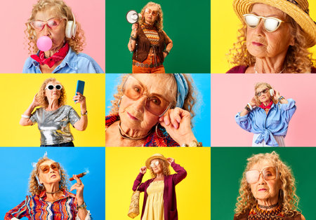 Collage made of portraits of beautiful senior woman warning different stylish clothes against multicolored backgroundの写真素材