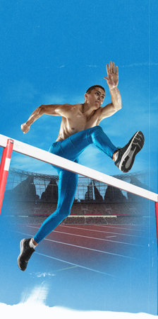 Strong, muscular, shirtless man, running athlete in motion on competition, running and jumping over...