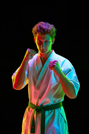 Portrait of handsome young guy in white kimono, karateka posing with fists up over black studio background in neon lightsの写真素材