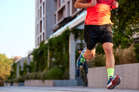 Cropped image of athletic man in sportswear and running shoes training, running outdoors on early summer morningの写真素材