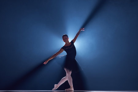 Elegant performance. Beautiful young woman, professional ballet dancer n motion, dancing over blue background with smokeの写真素材