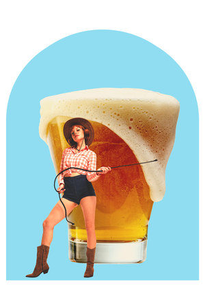 Young woman in cowboy style clothes standing with giant lager beer mug. Countryside vibe. Contemporary art. Vintage paper effectの写真素材
