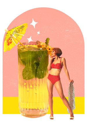 Pretty young woman in vintage swimsuit standing with mojito cocktail. Summer party. Contemporary art...