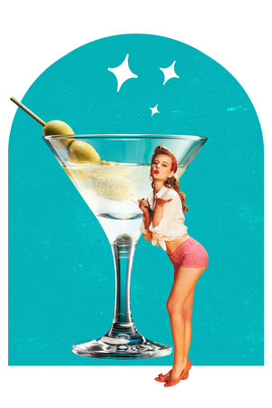 Pretty, flirty young girl sending kisses, drinking martini cocktail. Contemporary art collage. Vintage paper effectの写真素材
