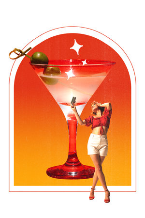 Beautiful young woman taking photo with retro camera, standing with martini cocktail. Contemporary art collage. Vintage paper effectの写真素材
