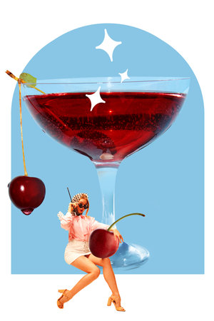 Cherry taste. Beautiful, elegant young woman with sweet, berry cocktail. Party. Contemporary art collage. Vintage paper effectの写真素材