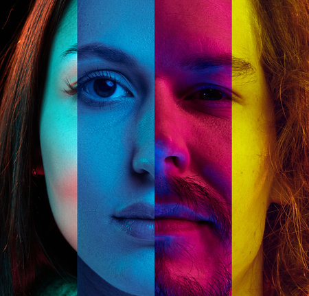 Collage made of different people, faces of different age and gender in neon lights. Calm confident lookの写真素材