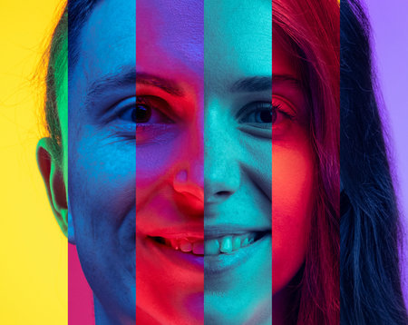 Human face made of portraits of different people, of diverse age, gender and race in neon light. Narrow stripes. Smiling faceの写真素材