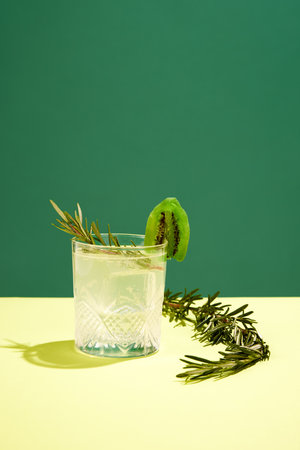 Sweet and sour cocktail with citrus taste and kiwi decorations isolated over green background. Refreshment. Posterの写真素材