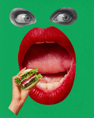 Wide open female mouth with red lipstick eating burger over green background. Fast food lover. Contemporary art collage.の写真素材