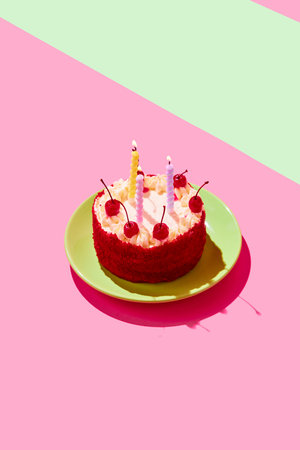 Delicious birthday cake with cream, cherries and burning candles isolated on multicolored background.の写真素材