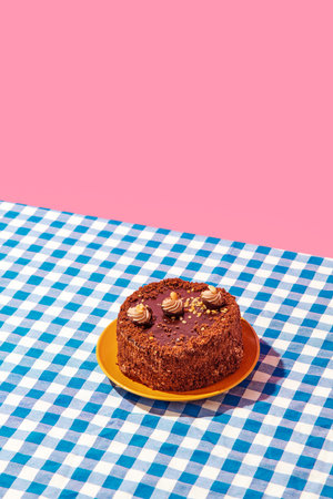 Chocolate delicious cake on plate on blue checkered tablecloth over pink background. Sweet food,...