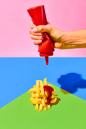 Female hand squeezing ketchup sauce on delicious fried potato, French fries on bright green blue pink background. Fast food, junk food, taste. Posterの写真素材
