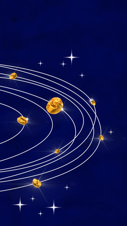 Space taste. Beans of delicious coffee flying on orbits, plants against blue backwound. Contemporary...
