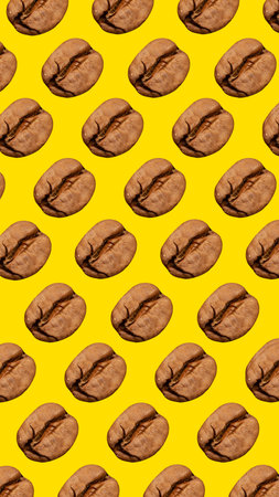 Fresh roasted coffee beans isolated over yellow background. Pattern of coffee. Contemporary art...