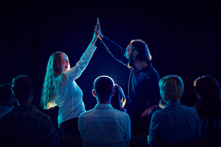 High five. Employees, partner, colleagues attending business meeting, reaching professional goals....