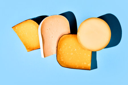 Different cheese, Parmesan, pecorino, cheddar against blue background. Cheese production and store. Layoutの写真素材
