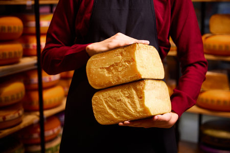 Man holding cheese brocks in specials place for cheese storage and production. Eco food. Aged cheese.の写真素材