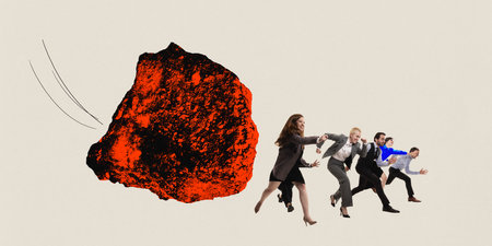 Employees running away giant stone symbolizing escaping mistakes difficulties and unsuccessful...