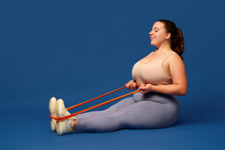 Fat, overweigh young woman training with elastic bands, fitness expanders against blue studio background. Sport, body-positivityの写真素材
