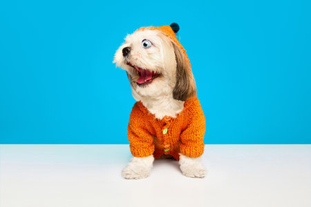 Funny, crazy, adorable purebred dog, Shih Tzu in dogs clothes sitting with wide open eyes and mouth...