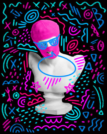 Street style. Antique statue bus in balaclava against black background with colorful doodles. Contemporary art collage.の写真素材