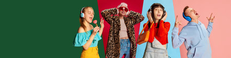 Emotional young stylish people, men and women listening to music in headphones and singing against...