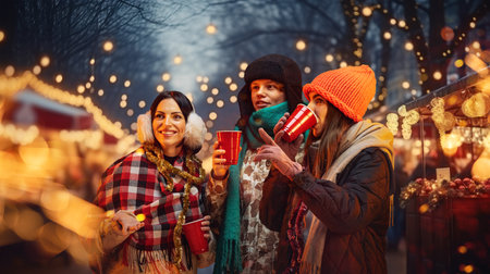 Happy, stylish young people, friends walking together on evening, attending street fair, drinking hot drinks and having good merry timeの写真素材