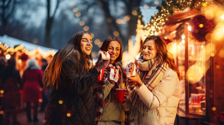 Happy young women attending winter fair in evening, drinking hot drinks, eating hot dogs. Merry season and cheerful timeの写真素材