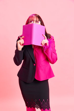 Young girl with pink hair, extraordinary clothes standing with notebook and smiling against pink studio backgroundの写真素材