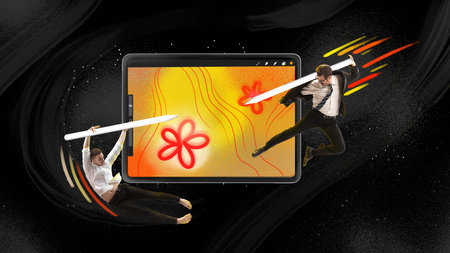 Two men, designers fighting with digital pencils against tablet. Working with graphic design tasks....