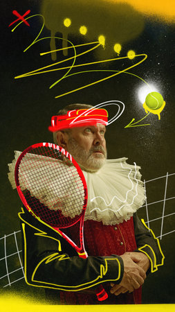 Senior man, medieval king standing with tennis racket against dark green background with colorful doodles. Contemporary art collage.の写真素材