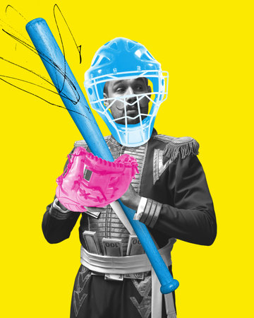 Man, royal person, king in helmet, with tennis bat and money standing against bright yellow...