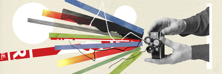 Male hands holding vintage camera equipment. Making art, movies and memories. Contemporary art collage. Y2k styleの写真素材