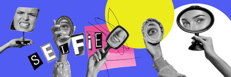 Female hands holding small vintage mirrors against multicolored background. Selfie and beauty....