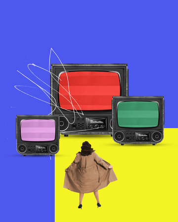 Female in coat standing near giant tv sets. Journalism, social media space. Contemporary art collage. Y2k styleの写真素材