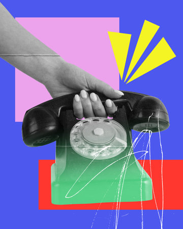 Female hand holding phone handset against colorful background. Endless calls, communication....