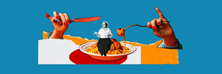 Senior woman in retro clothes sitting on plate with delicious pasta with meatballs over blue background. Contemporary art collage.の写真素材