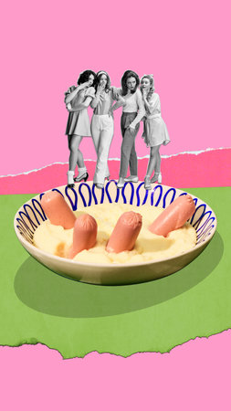Elegant beautiful young women standing on plate with mashed potato and sausages over pink background. Contemporary art collage.の写真素材
