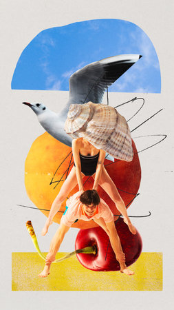 Happy cheerful young people, man and woman playing and having fun on beach over abstract background. Contemporary art collage.の写真素材