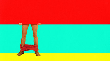 Private life. Male legs and empty colorful banner. Advertisement. Contemporary art collage. Complementary colors.の写真素材