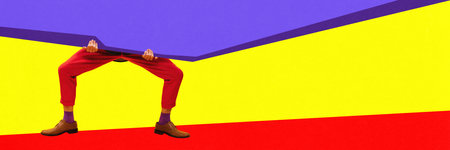 Male legs over colorful background. Banner for advertisement. Contemporary art collage....